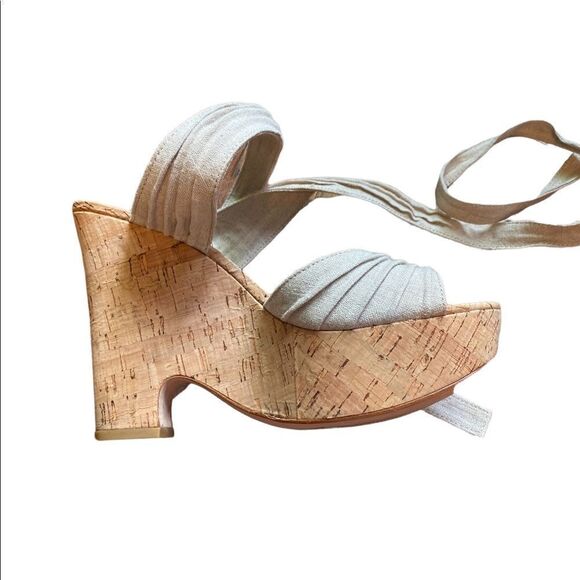 New Ann Taylor Platform Lace Up Sandals, linen fabric/ leather sole, size 7 1/2 - Picture 1 of 4